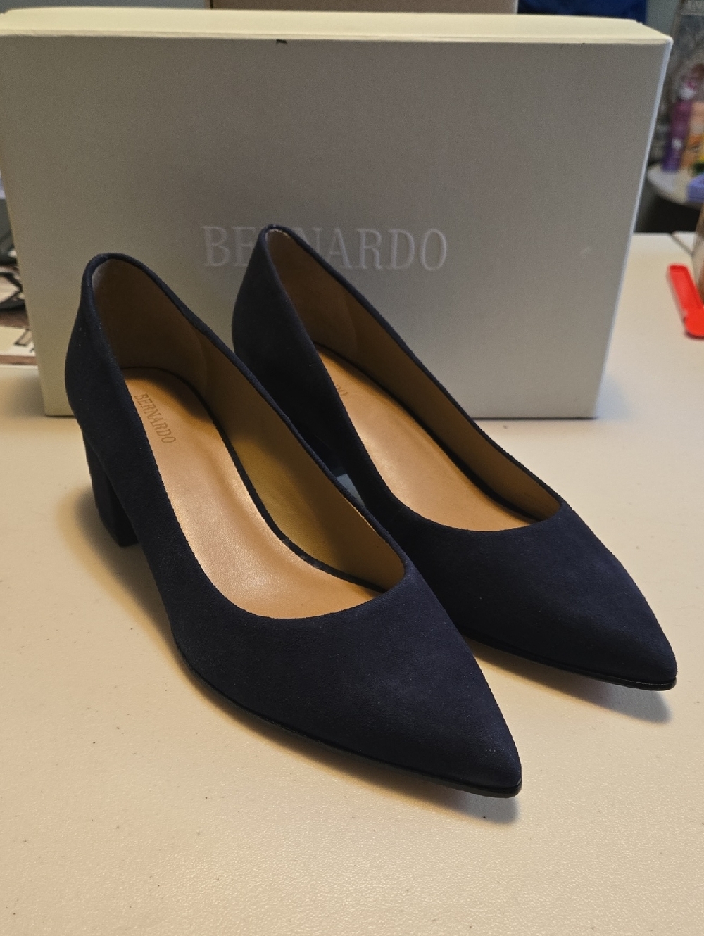 Bernardo Navy Suede Pointed Block Heel Pumps Size 8